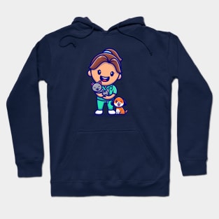 Cute Girl With Cat And Dog Cartoon Hoodie